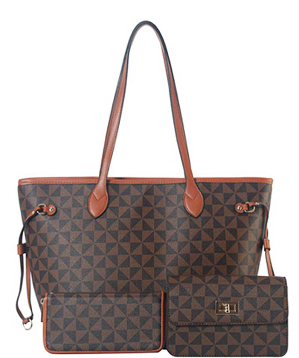 3 In1 Fashion Checkered Design Stylish Shopper Bag with Matching Clutch and Wallet Set 007-8091W